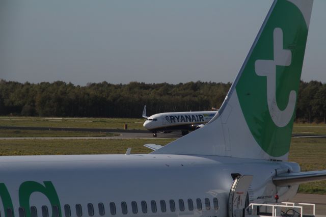 Boeing 737-700 — - Ryanair aircraft behind the tail of Transavia plane, at Eindhoven Airport (Holland). (Saturday, October 13th, 2018).