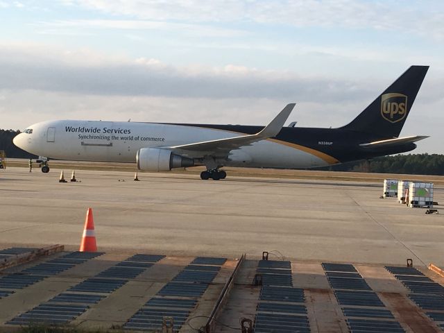 BOEING 767-300 (N338UP) - Diverted from GSO, just got pushed back from the UPS stand. Awesome that I got to see this rare bird here!