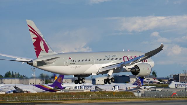 Boeing 787-8 (A7-BCN) - BOE473 on final to Rwy 16R to complete a flight test on 6/16/14. (LN:176 / cn 38332).