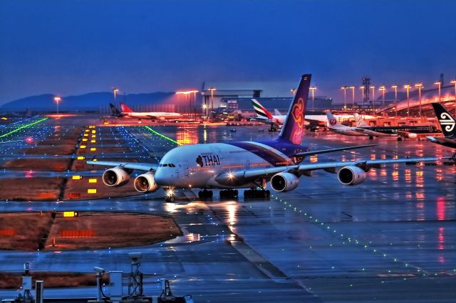 Airbus A380-800 (HS-TUE) - TG A380 Departure from KIX in the night..