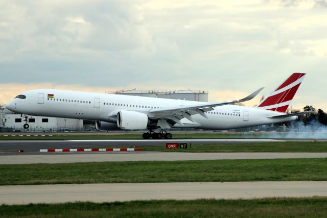 Airbus A350-900 (3B-NCF) - Touching down on rwy 09R on 6-Mar-21 operating flight MAU15 from LFPG on its first visit to EGLL.