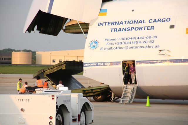 Antonov An-124 Ruslan (UR-82027) - 4/26/2008  Note the nose gear has tilted down to lower front of aircraft