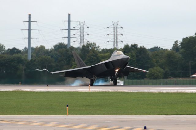 Lockheed F-22 Raptor (04-4072) - A USAF Lockheed Martin F-22A Raptor, 04-4072, cn 645-4072, touching down at KCLE on RWY 6L on 31 Aug 2016. The Raptors are from the USAF Air Combat Command (ACC) Demo Team based at Joint Base Langley-Eustis (JBLE), VA- USA. The team often utilizes aircraft from Tyndall AFB, FL (KPAM), hence the "TY" as opposed to "FF" (First Fighter Wing).