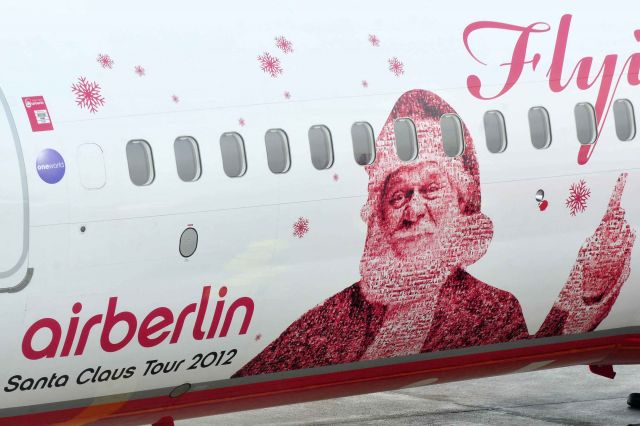 Boeing 737-800 (D-ABMJ) - With the motto "Flying home for Christmas", the airberlin Christmas aircraft is taking off once again. D-ABMJ has a 2.54 metre high and 4.2 metre wide Santa Claus made of photos from nearly 2,000 airberlin fans and employees who uploaded their images to the airline’s Facebook page