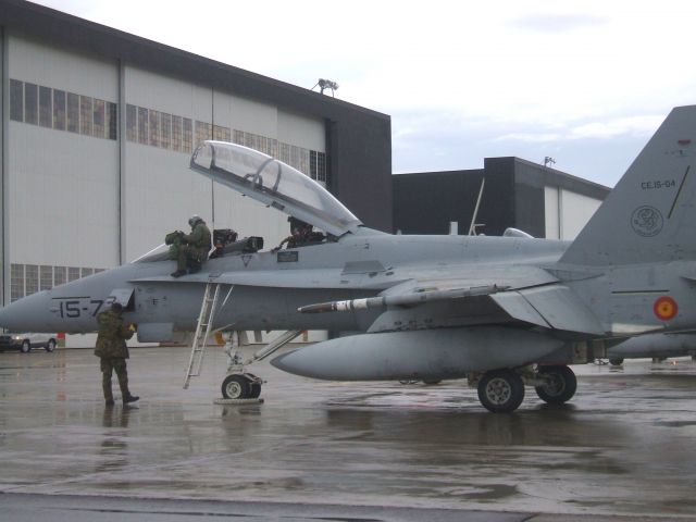 McDonnell Douglas FA-18 Hornet (NTW1504) - Spanish Air Force  F-18s Parked in front of hangar #8 Goose Airport NL   Oct 14/08