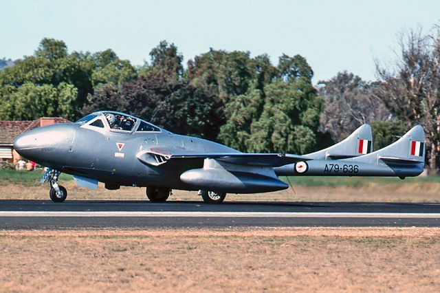 VH-HLF — - DH 115 - VAMPIRE T35 - REG : VH-HLF (CN 4158) - MANGALORE VIC. AUSTRALIA - YMNG (19/4/1992) 35MM SLIDE SCANNED WITH A EPSON PERFECTION V700 FLATBED SCANNER.