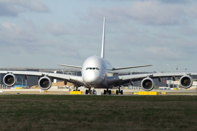 Airbus A380-800 (9M-MNE) - Approaching runway 027L at LHR.