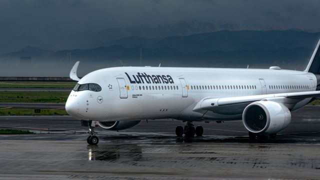 Airbus A350-900 (D-AIVD) - Lufthansa A350 touching down at Osaka's Kansai Airport on a foggy blue morning.