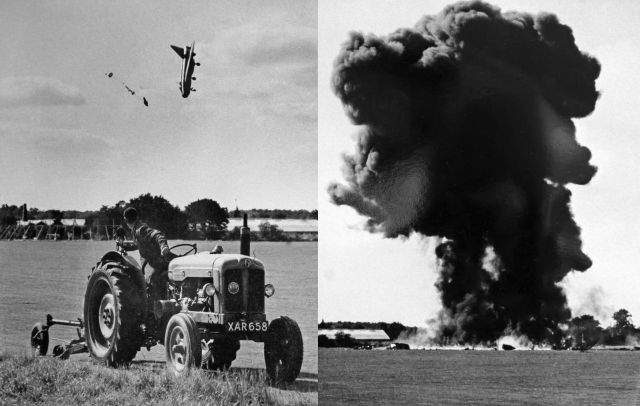 — — - These 2 images from my fathers collection, an original print. Test pilot George Aird, flying an English Electric Lightning F1, ejected at a fantastically low altitude in Hatfield, Hertfordshire 13th September 1962. George Aird AFC, a test pilot with de Havilland Aircraft, ejecting from Lightning P1B XG 332.   He was on finals for an emergency landing at Hatfield, following a double reheat fire warning which occurred about 15 miles North East of Hatfield.  George was making a normal powered approach, unfortunately he had to position for runway 06 as the wind was from the northeast.  His approach to Hatfield was from the NE.  The runway was short by service standards so the manually operated barrier had been erected at the northeast end of 06.   At about 10 seconds from touchdown, at about 100 ft, the aircraft suddenly pitched nose up and, since there was no response to the controls, he ejected.   The aircraft crashed on the airfield, broke up and caught fire. Truly a lucky escape.