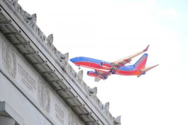 — — - Southwest jet flying over the Lincoln Memorial this week on approach to KDCA.  I was standing just to the north of the Memorial and over exposed the shot to get a clear image of the jet and the frieze above the colonnade.