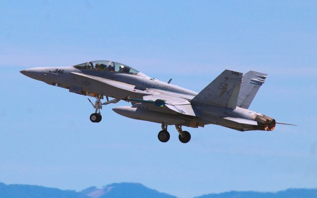 16-4714 — - KRDD - Redding, CA USA US Marine Corp F/A 18 #164714 departing Redding for points south. This F/A -18 was part of the 4 ship fly-over set for the Red Bluff Rodeo 2017. 3 F/A-18s showed up at Redding a bit earlier than this photo. Then all 3 F/A-18s left, (this photo) and returned as a flight of 4 later in the day. Pilot is Maj W.M. Barrett "Bildo" and back-seater is Capt. S.J. Belliveau "The Clown". It was really great to see the VMFAT-101 "Sharpshooters" in Redding this day!(G-man-help me here, I cant remember what the Pilot in the back seat of an F/A-18 is called...).