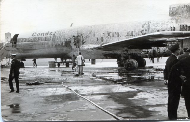 Boeing 727-100 (D-ABIM) - Condor (cn18368/117) caught fire when the fuel truck driver lost control of the fuel hose spraying the fuselage with jet fuel. The plane burst into fire when the spray hit the APU doing$1,500,000 in damage. Ironicaly the plane was damaged in a huricane in France and also damaged its nose when it hit another plane on the ground. Luckily the plane did much better in the air flying for over 40 years.