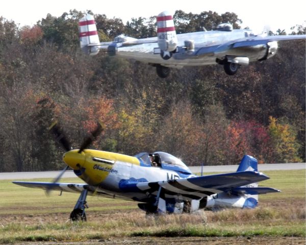 — — - B-25J Mitchell "Panchito" Departing as P-51D Mustang "Obsession" Taxis to Flight Line ... Warriors and Warbirds 2009