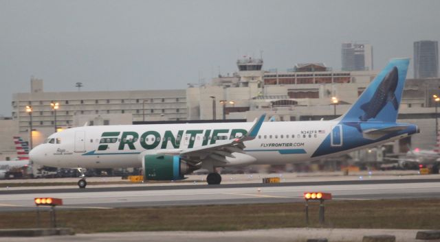 Airbus A320neo (N342FR) - Unfortunately the airplanes were coming in from the east and therefore, I couldn't come that close to the airplane and it was getting dark as well. This is a fairly new airplane and has been in service only since mid November 2018. 