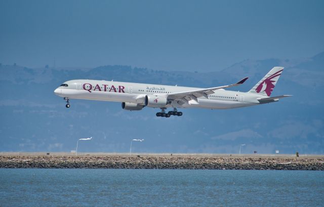 Airbus A350-900 (A7-ANM) - As seen from Bayfront Park, Millbrae, California.