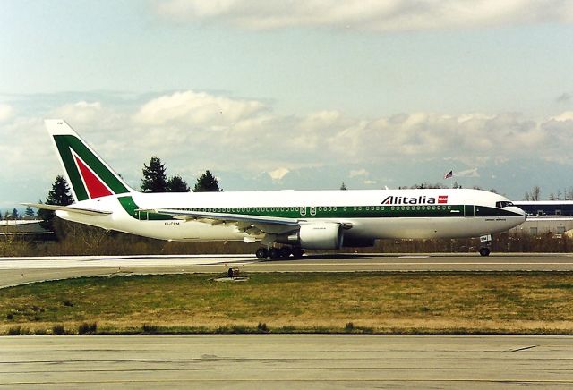 BOEING 767-300 (EI-CRM) - KPAE - brand new 767 300 for Alitalia - set to run the refused take off procedure at Boeing Everett. This jet had just landed from a pre delivery test flight in this April 1999 view.