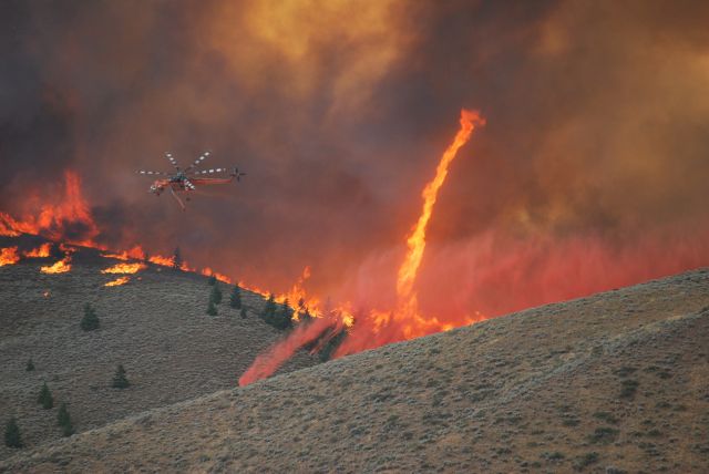 Sikorsky CH-54 Tarhe — - 1967 ERICKSON S64E Rotorcraft dropping during the Beaver creek fire in Blaine County Idaho summer 2013 with a firenado in the background