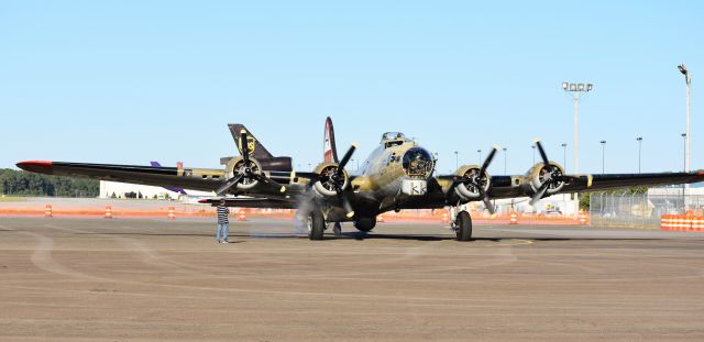 Boeing B-17 Flying Fortress (N93012) - Ahh - the sounds and smells an engine should make.  The Nine o Nine at RDU, for a Collings Foundation fly-in, 10/19/17.