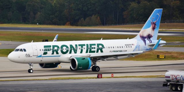 Airbus A320neo (N360FR) - FIRST! New database photo for the few weeks-old Ruby the Reindeer, arriving on a very overcast day at RDU, 10/29/19.