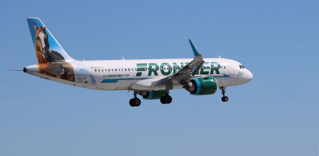 Airbus A320neo (N307FR) - On short final is this 2017 Frontier Airlines Airbus 320-251N with "Champ" the Bronoc riding the tail in the Summer of 2022.