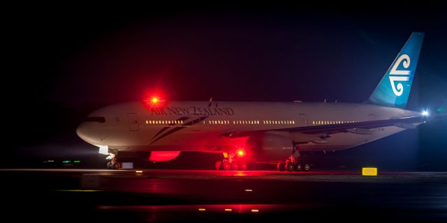 Boeing 777-200 (ZK-OKG) - ZK-OKG, taxying for Runway 02, heading back to Auckland. She is a rare site down in Christchurch New Zealand, and had visited us for a few hours, after having been diverted down from Auckland from Sydney as NZ104, due to bad weather and lightning over the airfield. This gave us local NZCH aircraft spotters a grand opportunity to stand out in the freezing cold air for 3 hours whilst we talked "heavies", took photos in the dark of many B777s, and generally froze ourselves in the cold air.