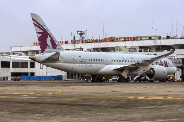 Boeing 787-8 (A7-BCC) - 16th Oct., 2020: Qatar Airways operates twice daily flights between Dhaka and Doha during the COVID-19 global pandemic. Both B773 and B788 seem to be in use to operate these flights. (See http://www.planexplorer.net/Xploregallery/displayimage.php?pid=1728 )