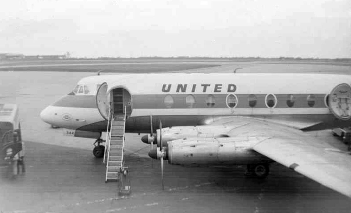 VICKERS Viscount (N7425) - The original print of this old Kodak Verichrome Pan 127 film B&W shot was just too faded and bent, so I went digging for the negative.  When I found it buried away in a box, I tried a new tactic; I scanned the half-century old negative instead of the actual photo.  Didnt come out HQ, but the scene is viewable.br /A Vickers V.745D Viscount, still displaying its former Capital Airlines fleet number "344," is seen in this mid 1960s photo on the ramp at Buffalo International Airport (today KBUF).  After Capital Airlines was bought by United in 1961, UA took over Capitals Viscount fleet.  This one, wearing UA paint by the time I snapped it here, was registered N7425.  