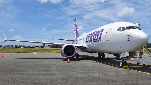 Boeing 737 MAX 8 (VH-UJT) - VH-UJT "Shazza" seen on the apron at Sunshine Coast Airport {MCY/YBSU} awaiting certification to operate passenger services. 