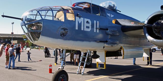 N5865V — - After 23 YEARS of restorative work, "Semper Fi," a North American B-25J Mitchell bomber (formerly 44-30988, now N5865V) is seen here on display at the Truckee-Tahoe Airport Family Air Fest yesterday (9 July 2016).  Beautifully painted in honor of Marine Bombing Squadron 611 ("MB 11"), "Semper Fi" first flew again just two months ago (in May, 2016) after a dedicated restoration project by the Commemorative Air Forces So California Wing in Camarillo, CA.  Best viewed by clicking on the "FULL" size option, this snapshot of N5865V / 44-30988, the only PBJ-1J model known to be flying today, is the first picture of it to be presented in FAs gallery.  