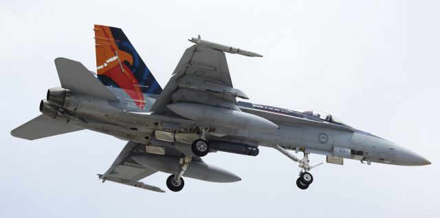 McDonnell Douglas FA-18 Hornet — - RAAF, F-18 Classic Hornet, approaches runway 01 at YBTL.
