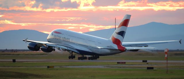 Airbus A380-800 (G-XLEB) - British Airways Airbus A380 G-XLEB sunset departure at YVR for LHR