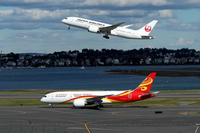 B-2729 — - Both Asian Dreamliners that run service to Boston. JAL 7 departing for Tokyo over the arriving CHH 967 from Shanghai.