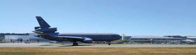 N51946 — - KC-10 from Travis AFB (Fairfield, CA) on RWY 32L starting takeoff at Boeing Field. Behind the Extender is the Museum of Flight.