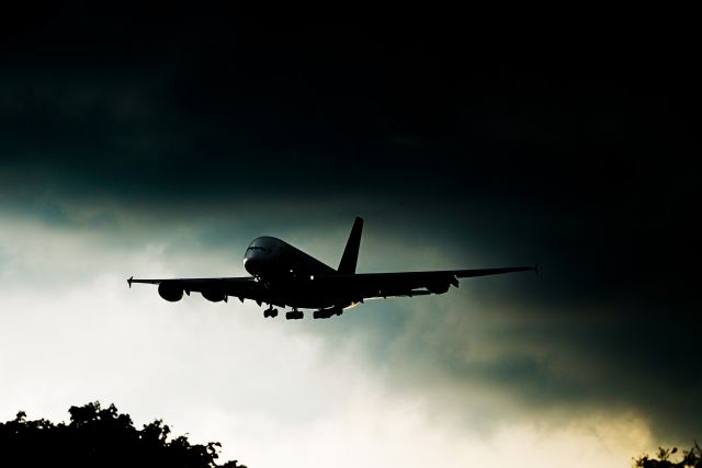 Airbus A380-800 (9V-SKK) - A380 arrives together with the rain clouds