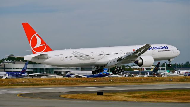 BOEING 777-300 (TC-JJS) - BOE139 from KARA on final to Rwy 16R on 7/18/14. (LN:1222 / cn 44117).  The aircraft was returning after being painted.