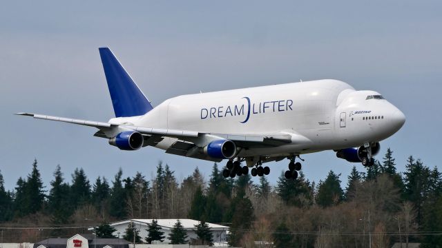 Boeing Dreamlifter (N718BA) - GTI4136 from NGO / RJGG on final to Rwy 34L on 3.25.19. (B747-4H6(BLCF) / ln 932 / cn 27042).