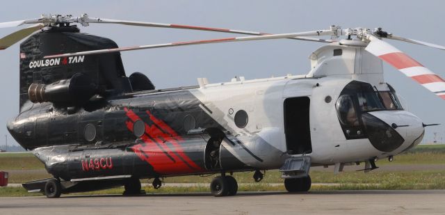 Boeing CH-47 Chinook (N49CU) - Boeing CH-47 Chinook Helitanker N49CU with Coulson Aviation shutting down at YWG on 24 Aug 23.  With the completion of operations in support of la Société de protection des forêts contre le feu from YGL in Québec, aircraft was enroute to British Columbia for firefighting operations out of YVE in support of the BC Wildfire Service.