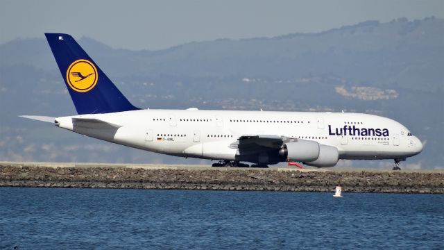 Airbus A380-800 (D-AIML) - D-AIML, Age: 1.3 Yearsbr /Airbus A380-800 (quad-jet) (A388 )br /Airline: Lufthansa, Engines: 4x RR Trent 900br /06-Mar-2015 A388/Q San Francisco Intl (KSFO) Frankfurt Intl (EDDF / FRA) 15:23 PST 10:28 CET (+1) 10:05