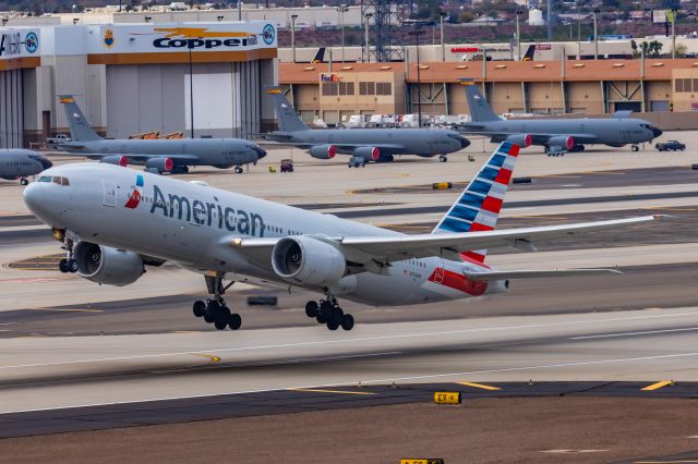 Boeing 777-200 (N756AM) - An American Airlines 777-200 taking off from PHX on 2/14/23. Taken with a Canon R7 and Canon EF 100-400 II L lens.