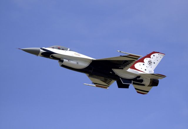 — — - A General Dynamics, Lockheed Martin F-16 Falcon in the Thunderbirds Flight Demonstration Team. While the Thunderbirds were flying into Keesler Air Force Base, they hit inclement weather that damaged 5 of the 6 Thunderbird's Radomes(Nose Cones) At Hill Air Force Base in Utah 6 new radomes where being crated and prepared for shipment. Airlift (shipment) was provided by a C-17 Globemaster out of Altus Air Force Base in Oklahoma. They painted the One through Four Thunderbirds but they left the Solo Thunerbird aircraft's  in a Grey Primer.