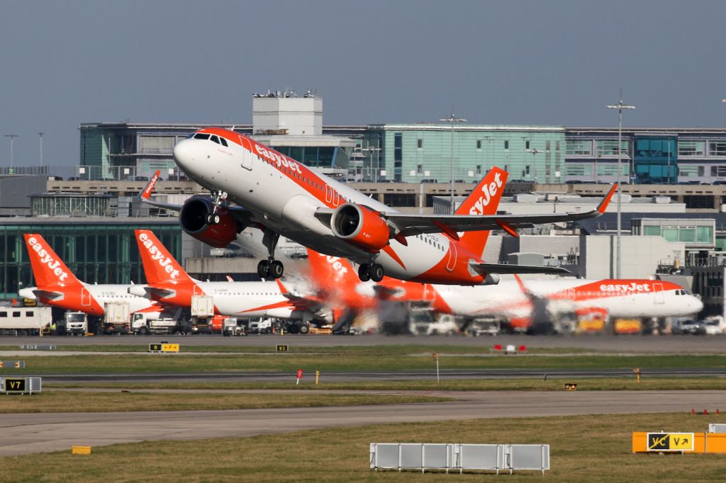 Airbus A320neo (G-UZLF) - EZY1885 departing on the long flight to Hurghada in Egypt.  At lunchtime, many of the early morning EZY departures have returned and await the next flight.