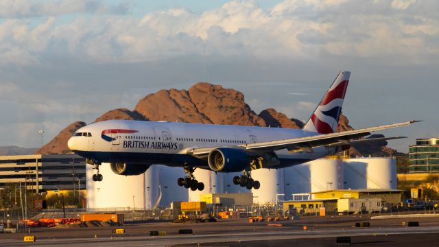 Boeing 777-200 (G-YMMJ) - British Airways 777-200 landing at PHX on 3/6/2022. Taken with a Canon 850D and Canon 75-300mm lens.