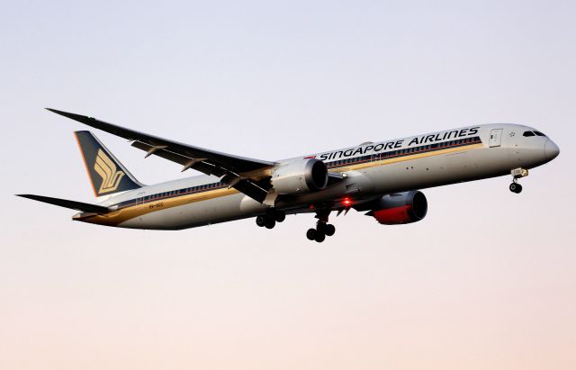 9V-SCC — - SQ-241 Replaced 777 April 28 2019. First 787-10 (and so far only) arrival at Sydney airport.was struggling with fading light but the red beacons are certainly strong!