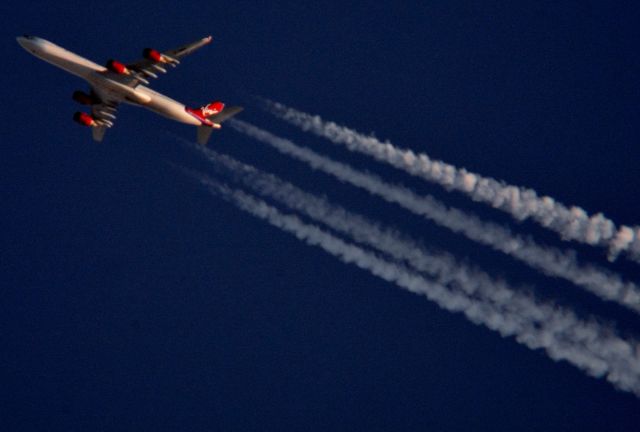 Airbus A340-600 (G-VWIN) - This is Virgin Atlantic Flight 673 a Airbus A-340-600 tail number G-VWIN Cincinnati to London at sunset over Brunswick OH at 39,000 ft. 682 mph 10.24.19.