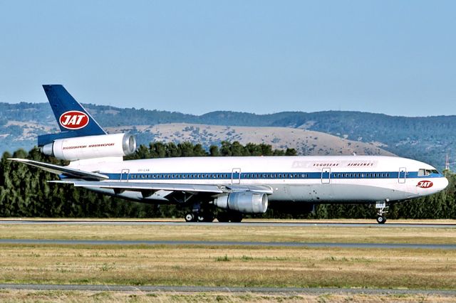 Airbus A320 (OH-LHA) - JAT - YUGOSLAV AIRLINES - DOUGLAS DC-10-30 - REG : OH-LHA (CN 47956/181) - ADELAIDE INTERNATIONAL AIRPORT SA. AUSTRALIA - YPAD 21/2/1988 35MM SLIDE CONVERSION SING A LIGHTBOX AND A NIKON L810 DIGITAL CAMERA IN THE MACRO MODE.