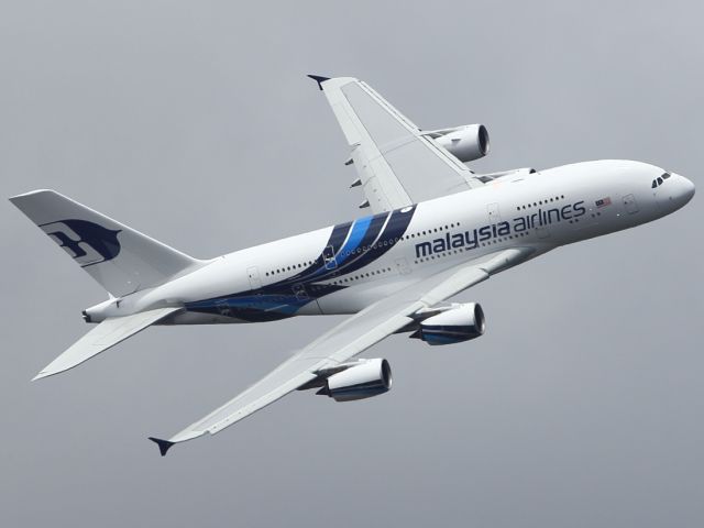 Airbus A380-800 (F-WWAJ) - Malaysian Airlines A380-800 performs a low speed flypast approaching high angle of attack phase of the display. Note the white circle around the VHF aerial on the top of the fuselage.