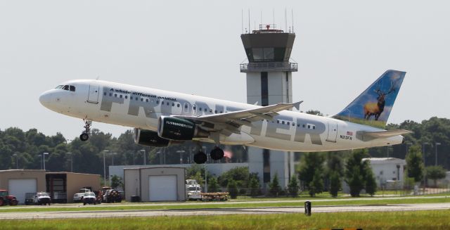 Airbus A320 (N213FR) - A Frontier Airlines Airbus A320-214 departing Pensacola International Airport, FL, via Runway 17 - June 20, 2018.