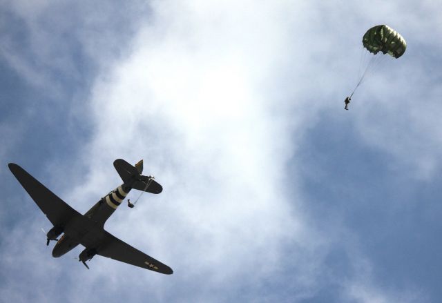 Douglas DC-3 (34-8608) - WWII Paratrooper re-enactment at the California International Air Show, Saturday, September 27- 2014 