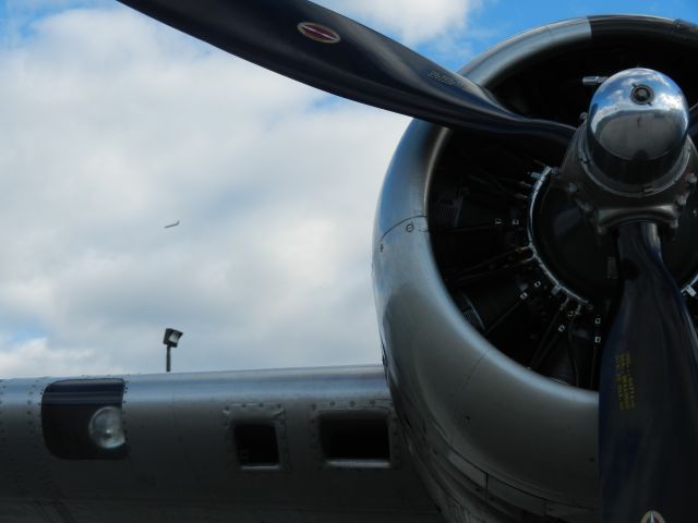 Boeing B-17 Flying Fortress (N5017N) - B-17 Aluminum  Overcast On Display As American Airlines MD-83 N9615W Turns Into Dulles Int Airport