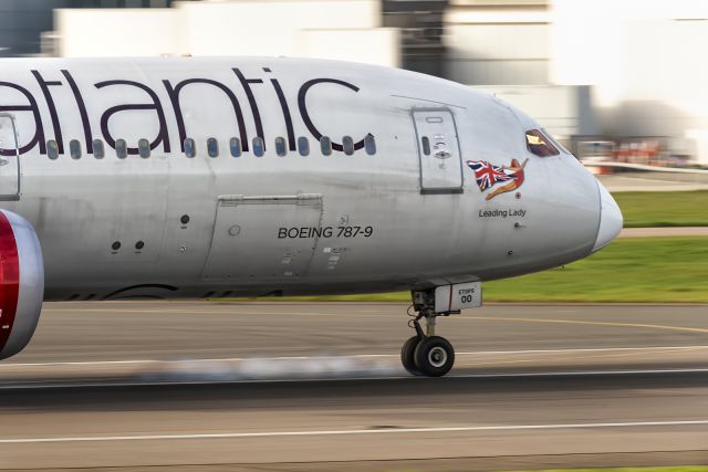 Boeing 787-9 Dreamliner (G-VWOO) - 27th March, 2023: Virgin's "Leading Lady" gently lowers her nose wheel on runway 27L at Heathrow after the red-eye flight VS10 from New York Kennedy Airport.